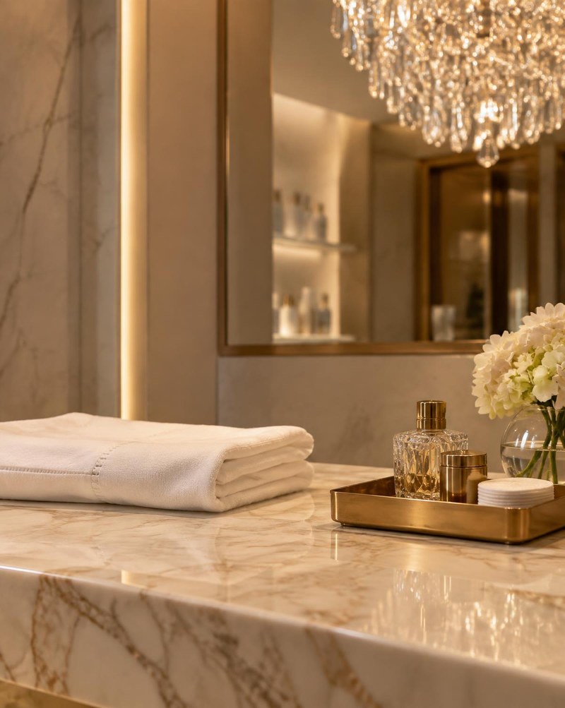 Marble counter, brass tray and chandelier detail inside the clinic.